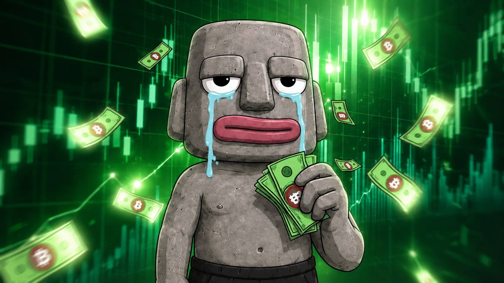 Rocky crying while holding cash in a green crypto market scene