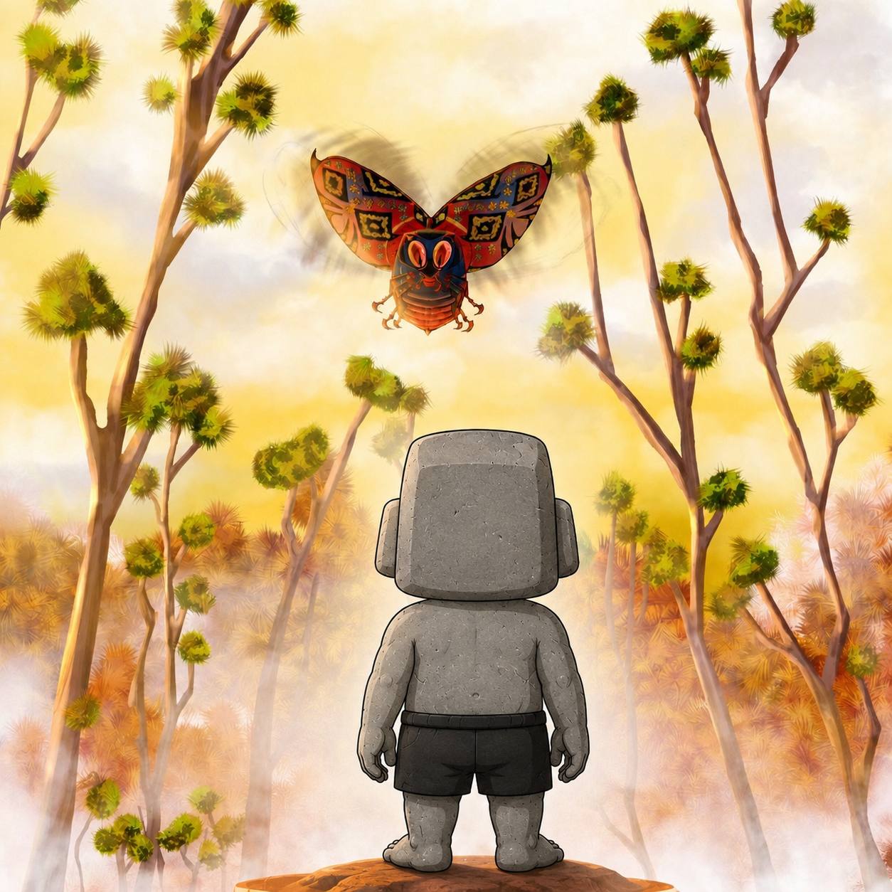 Rocky watching a colorful butterfly above a misty forest