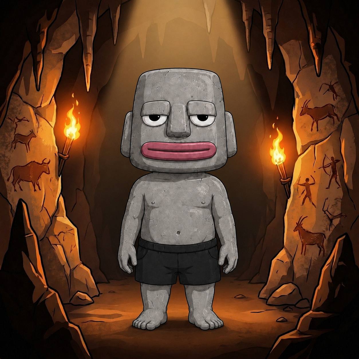 Rocky standing in a torchlit cave with ancient wall drawings