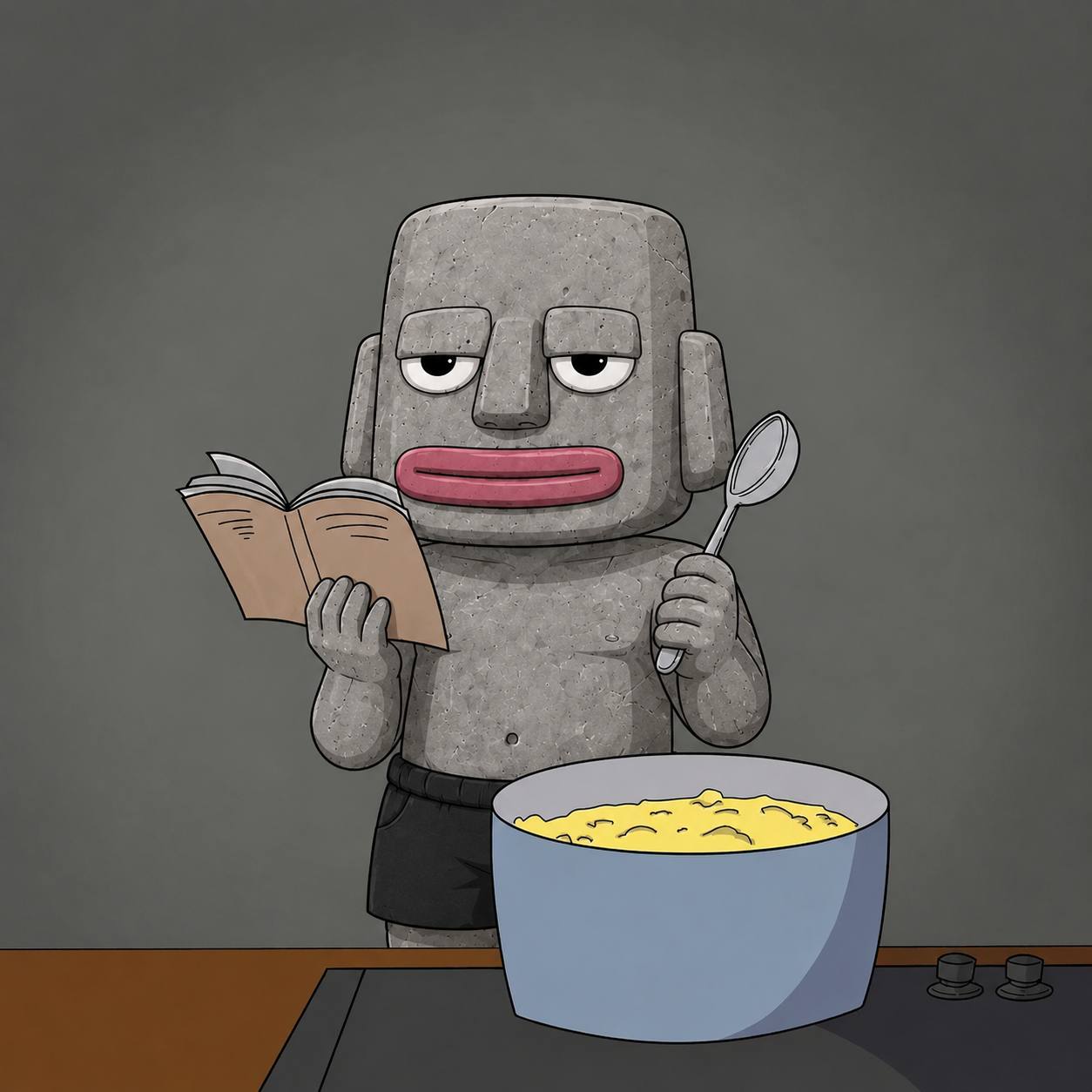 Rocky reading from a book while cooking in a large bowl