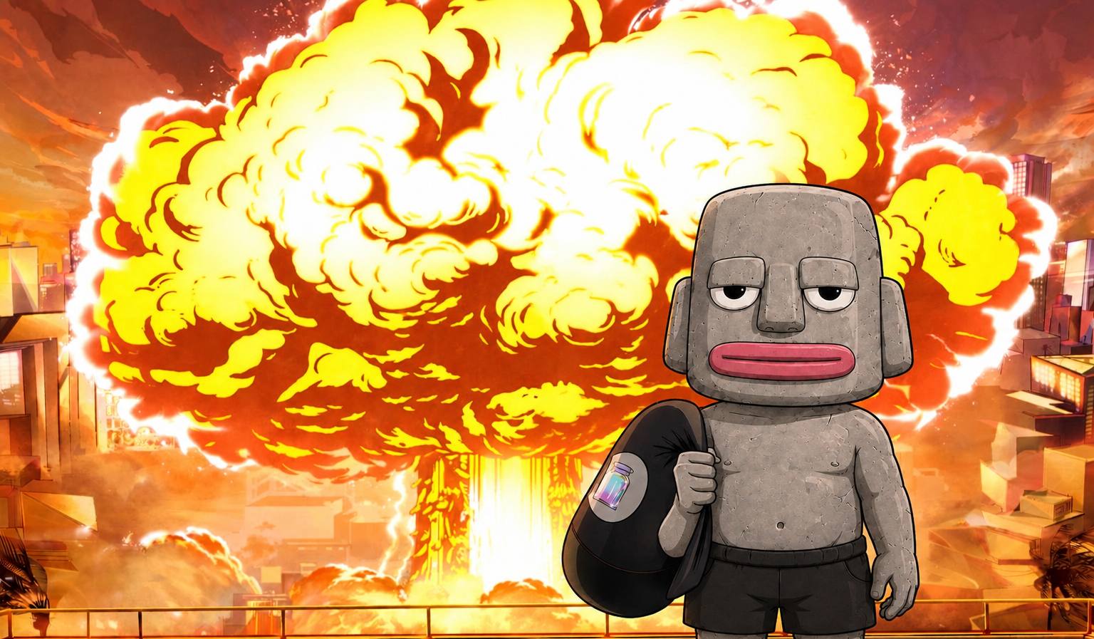 Rocky walking away from a huge explosion with a bag over his shoulder