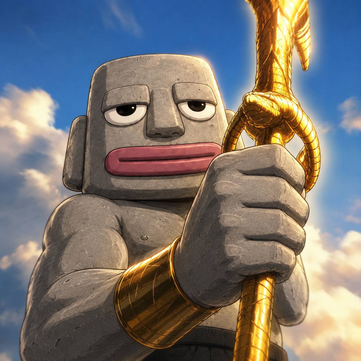 Rocky holding a glowing golden staff under a blue sky