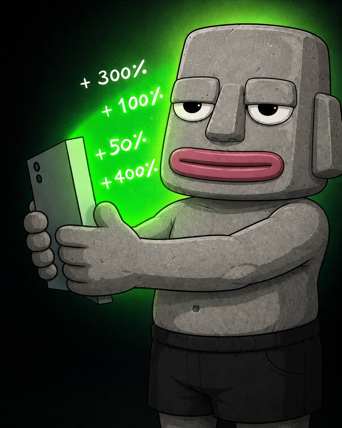 Rocky holding a phone with bright green percentage gains behind him