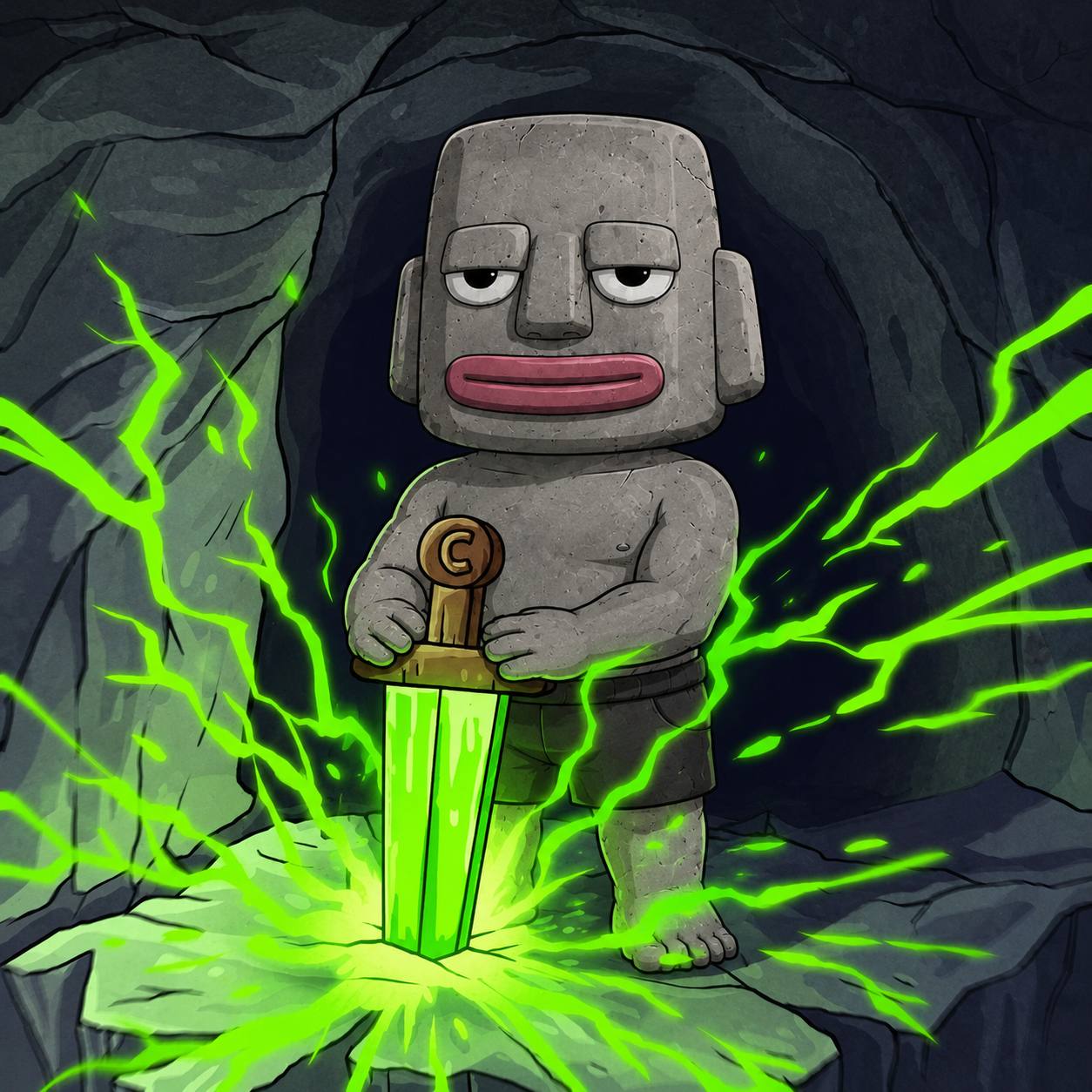 Rocky planting a glowing green sword into a cave floor