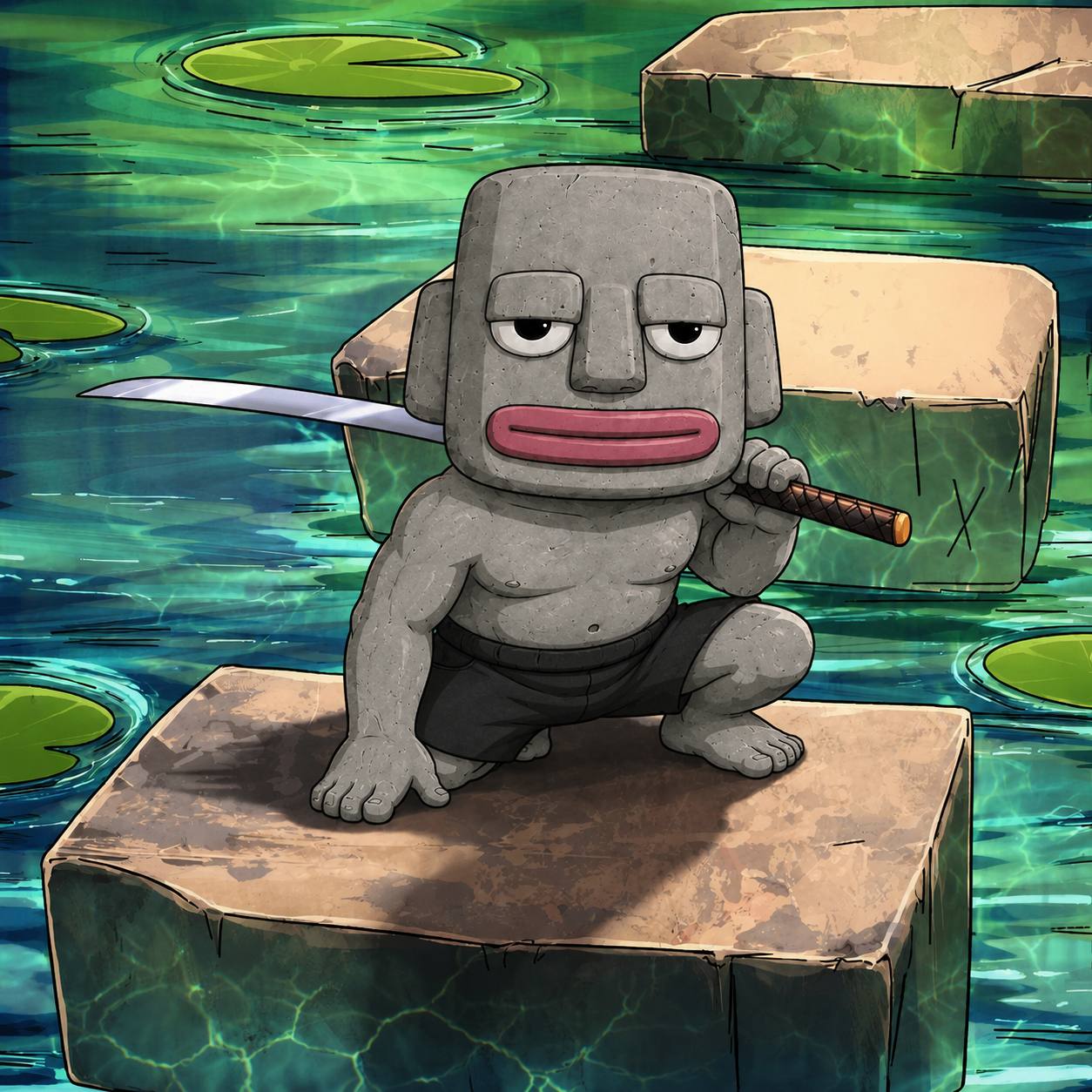 Rocky holding a sword while crouched on stone blocks above lily pads
