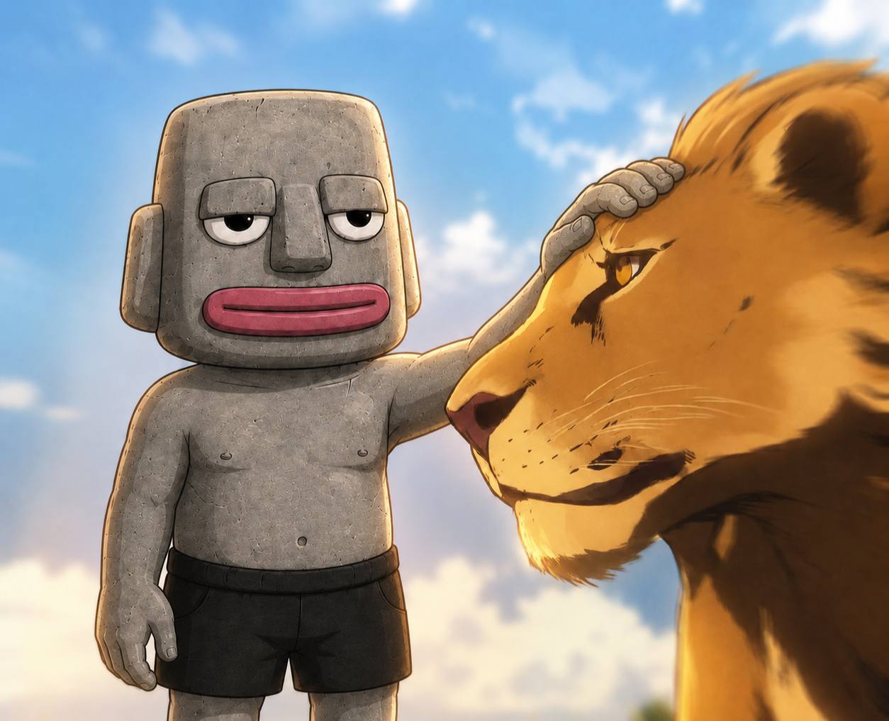 Rocky calmly petting a lion beneath a bright sky