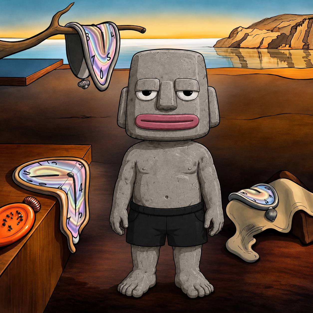 Rocky standing among melting clocks in a surreal landscape