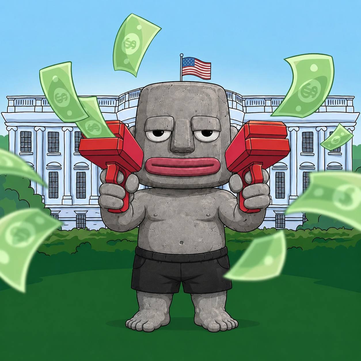Rocky firing money cannons in front of the White House