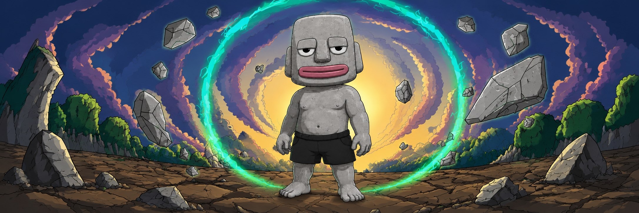 Rocky beneath a glowing portal with floating stones