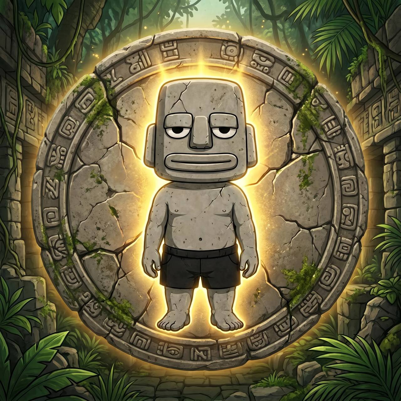 Rocky standing in front of an ancient stone portal